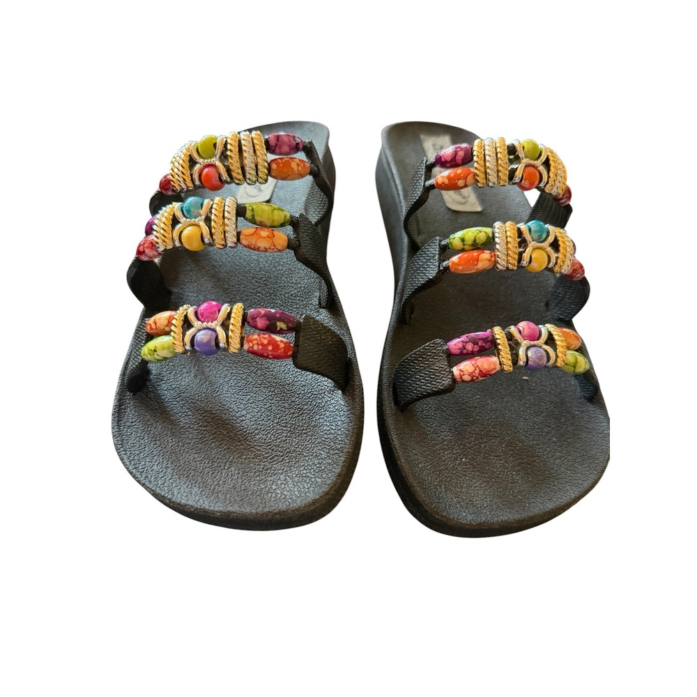 Grandco Womens Multi Color‎ Beaded Slide Sandals Black Wedge Sole Size 8 Boho